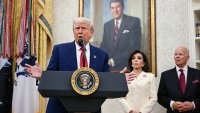 US President Donald Trump speaks during a swearing in ceremony for interim US Attorney for the District of Columbia Jeanine Pirro (2ndR) in the Oval Office of the White House in Washington, DC, on May 28, 2025. (Photo by Jim WATSON / AFP) (Photo by JIM WATSON/AFP via Getty Images)