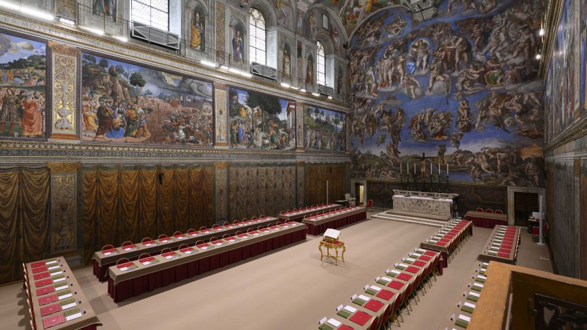 VATICAN CITY, VATICAN – MAY 6: (—-EDITORIAL USE ONLY – MANDATORY CREDIT – ‘VATICAN MEDIA / HANDOUT’ – NO MARKETING NO ADVERTISING CAMPAIGNS – DISTRIBUTED AS A SERVICE TO CLIENTS—-) A view from the Sistine Chapel, specially arranged ahead of the Papal Conclave to elect the new pope as voting desks for the 133 cardinals have been placed beneath Michelangelo’s iconic frescoes, while Vatican preparations continue for the secretive election process in Vatican City, Vatican on May 06, 2025. Images released by the Vatican show the installation of seating for the cardinals, the chimney that will emit smoke to signal the outcome of the vote, and the placement of papal vestments in the “Room of Tears,” where the newly elected pope will change into his official garments. (Photo by Vatican Media/Anadolu via Getty Images)