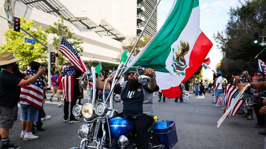 LOS ANGELES- JUNE 14:  Protesters in downtown during an anti-Trump “No Kings Day” demonstration in a city that has been the focus of protests against Trump’s immigration raids on June 14, 2025 in Los Angeles, California. Hundreds of marches and protests against the Trump administration and its policies are happening across the United States today. Protesters are also reacting in opposition to a planned military parade celebrating the 250th anniversary of the U.S. Army that is taking place in Washington, DC, and which coincides with President Trump’s birthday. (Photo by Spencer Platt/Getty Images)