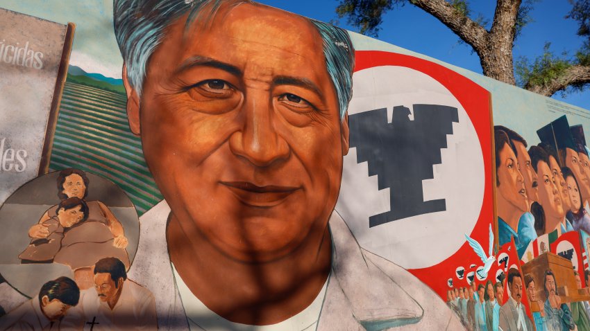 Murals depicting Cesar Chavez in Cesar E. Chavez Memorial Park on Tuesday, March 17, 2026, in San Fernando, CA. The United Farmer Workers union said it will halt celebrations of its founder Cesar Chavez amid what the union described as "troubling allegations" against the iconic Chicano figure.