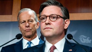Senate Majority Leader John Thune, R-S.D., and House Speaker Mike Johnson, R-La., at the U.S. Capitol last year.T